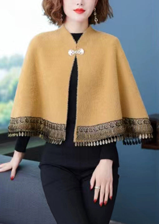 WW | Yellow Stand-Up Collar Fringe Pockets Patchwork Mink Velvet Coats