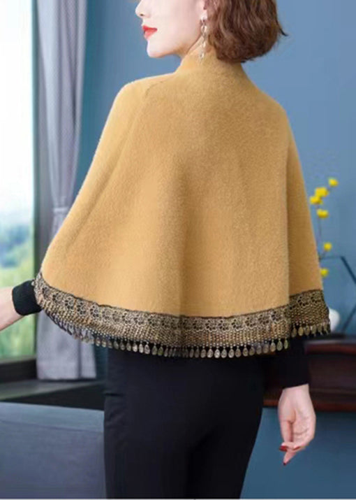 WW | Yellow Stand-Up Collar Fringe Pockets Patchwork Mink Velvet Coats