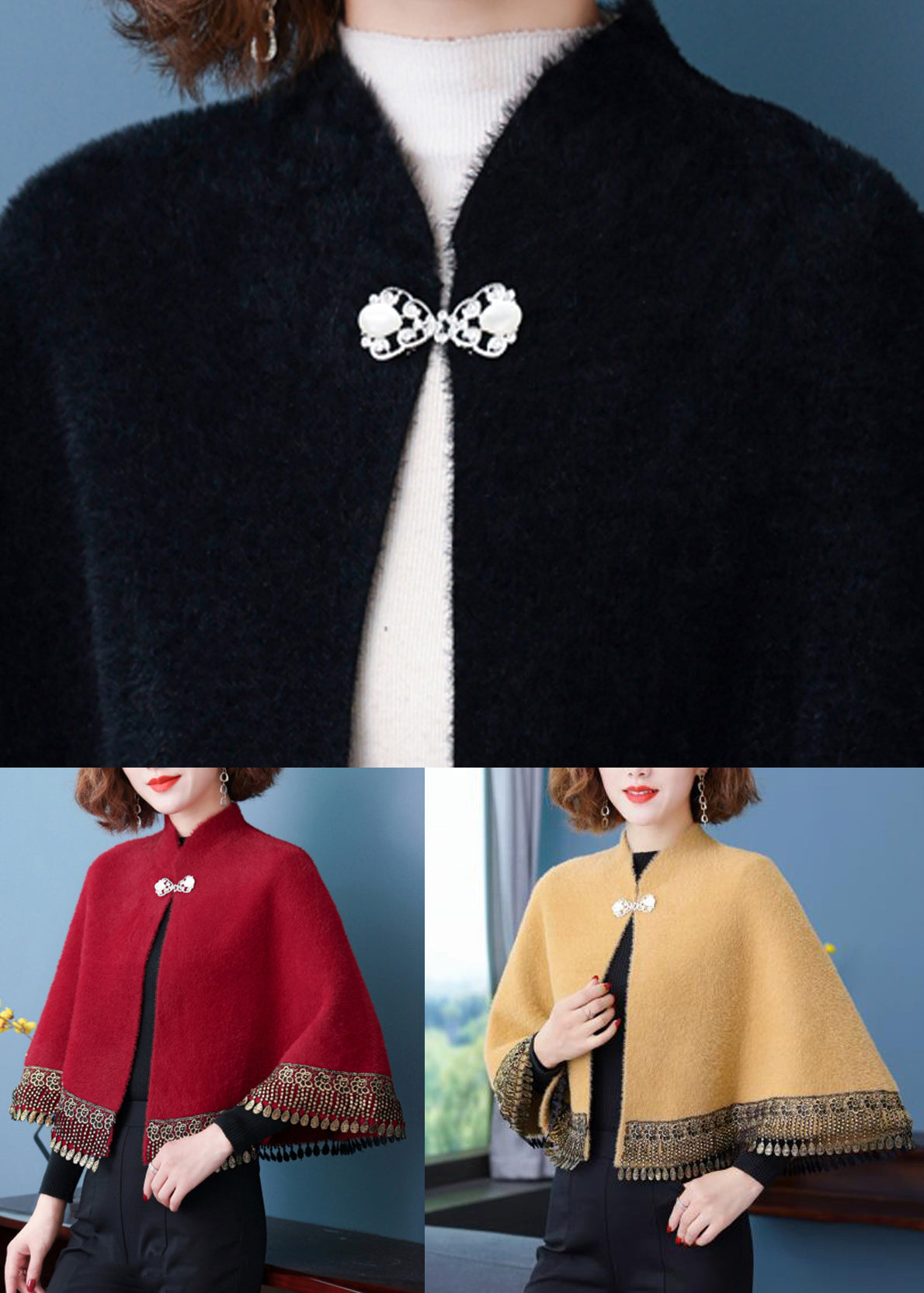 WW | Yellow Stand-Up Collar Fringe Pockets Patchwork Mink Velvet Coats