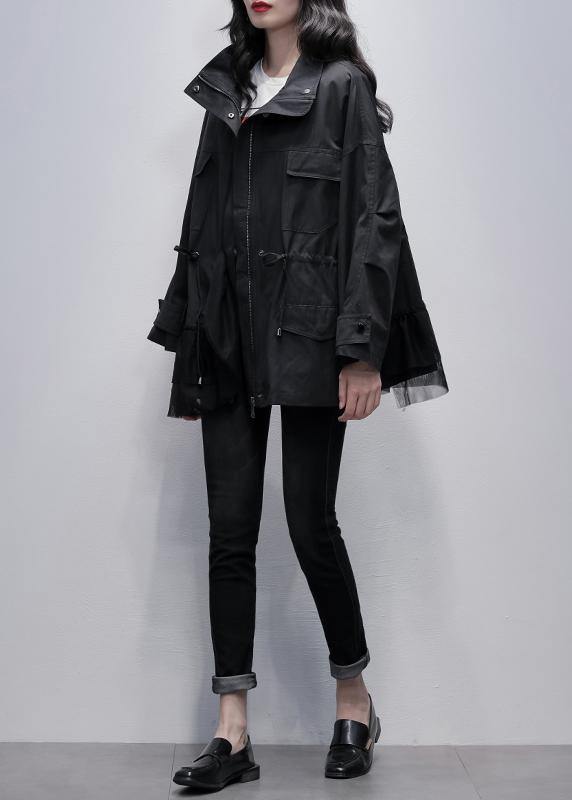 WW | Stand-Up Collar Fashion Coats Black Patches Tulle Short Jackets