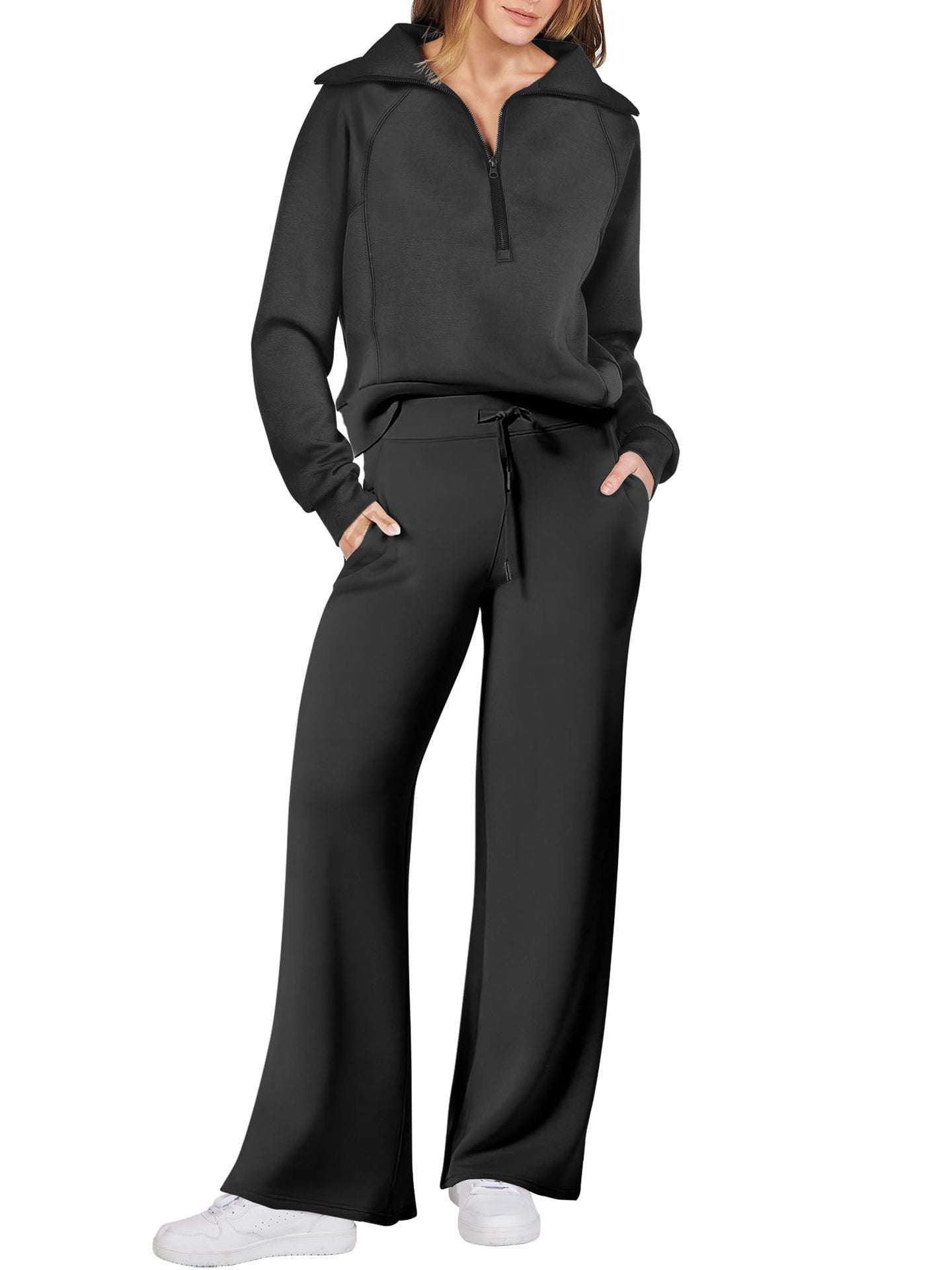 WW | Chic Women's Two-Piece Set with Long Sleeves and Zipper Detail