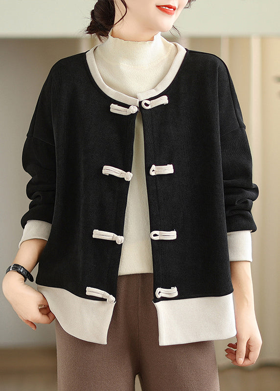 WW | Stil Schwarzer O-Hals Orientalischer Knopf Warmer Fleece-Mäntel
