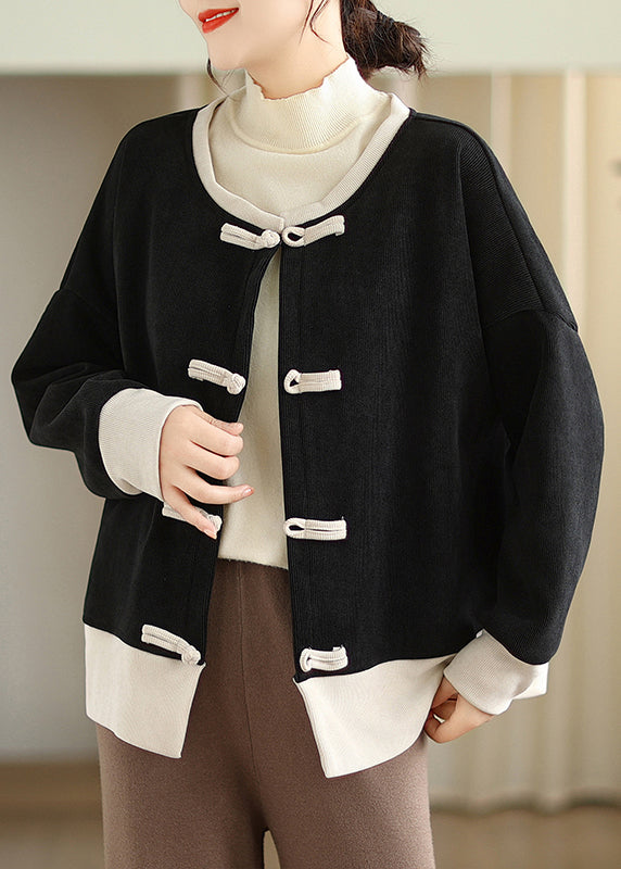 WW | Stil Schwarzer O-Hals Orientalischer Knopf Warmer Fleece-Mäntel