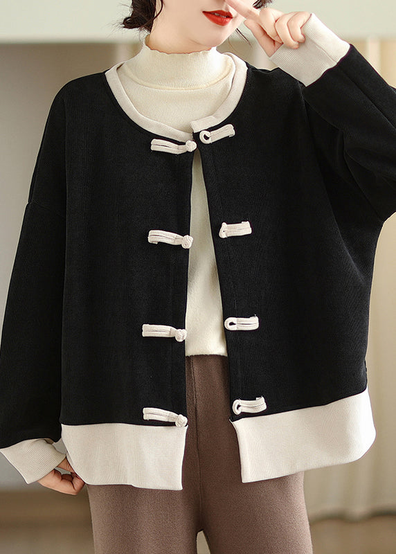 WW | Stil Schwarzer O-Hals Orientalischer Knopf Warmer Fleece-Mäntel