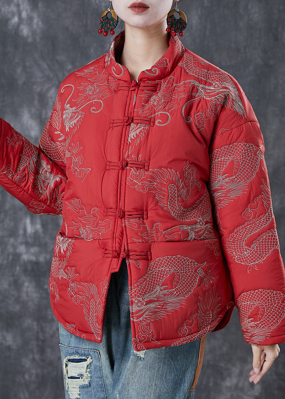 WW | Style Red Embroidered Patchwork Fine Cotton-Filled Winter Coats