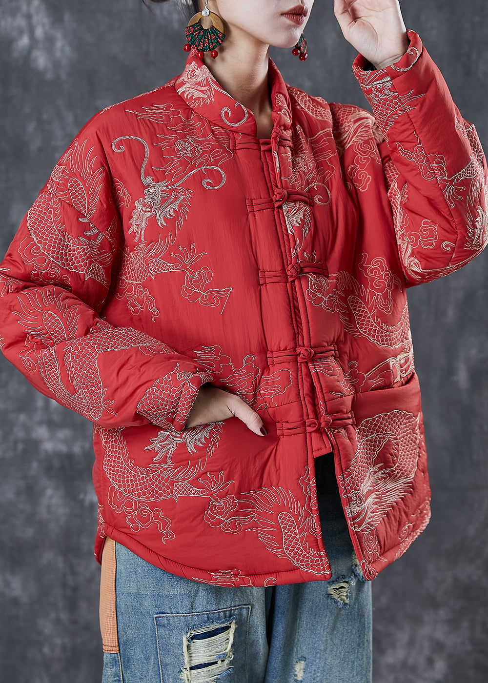 WW | Style Red Embroidered Patchwork Fine Cotton-Filled Winter Coats