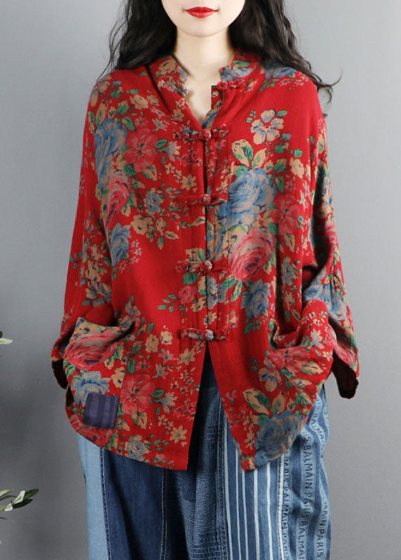 WW | Style Purple Print Pockets Button Patchwork Cotton Coats Long Sleeves