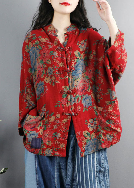 WW | Style Purple Print Pockets Button Patchwork Cotton Coats Long Sleeves