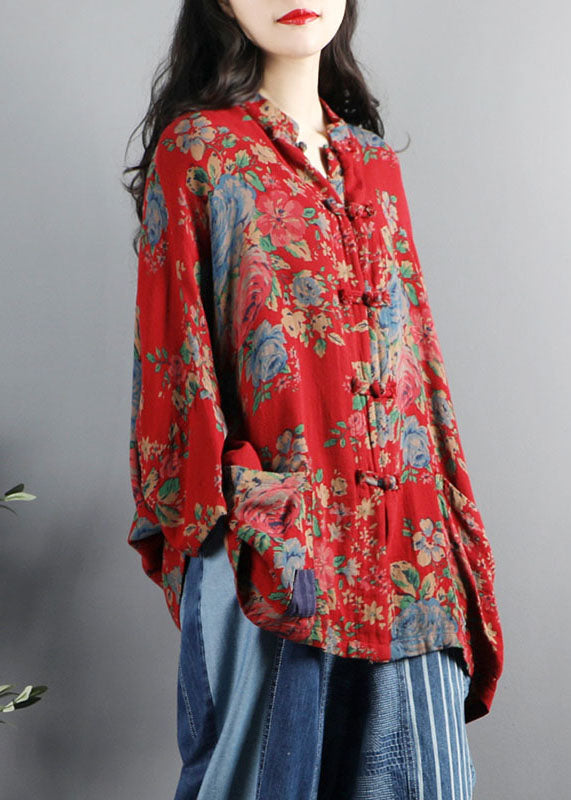 WW | Style Purple Print Pockets Button Patchwork Cotton Coats Long Sleeves