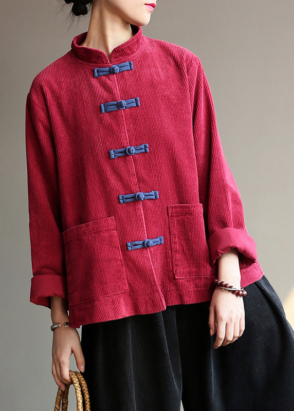 WW | Style Wine Red Pockets Button Corduroy Jackets Long Sleeve