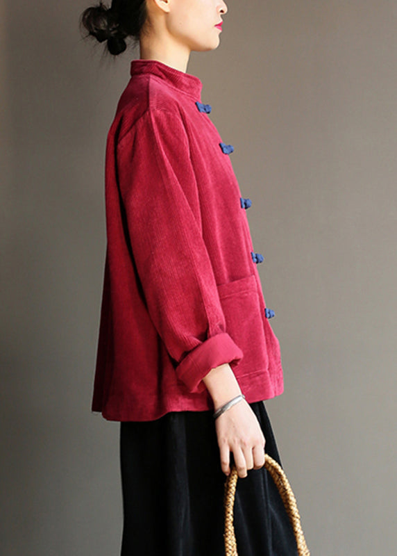 WW | Style Wine Red Pockets Button Corduroy Jackets Long Sleeve