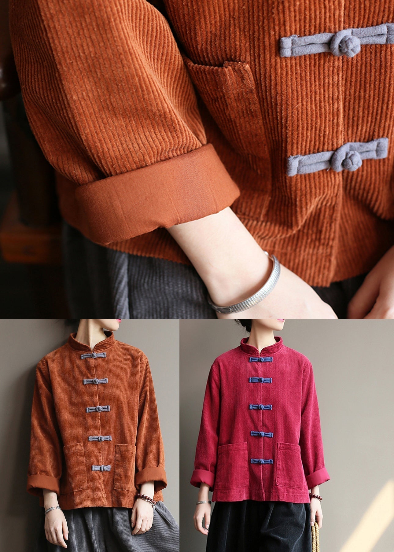 WW | Style Wine Red Pockets Button Corduroy Jackets Long Sleeve