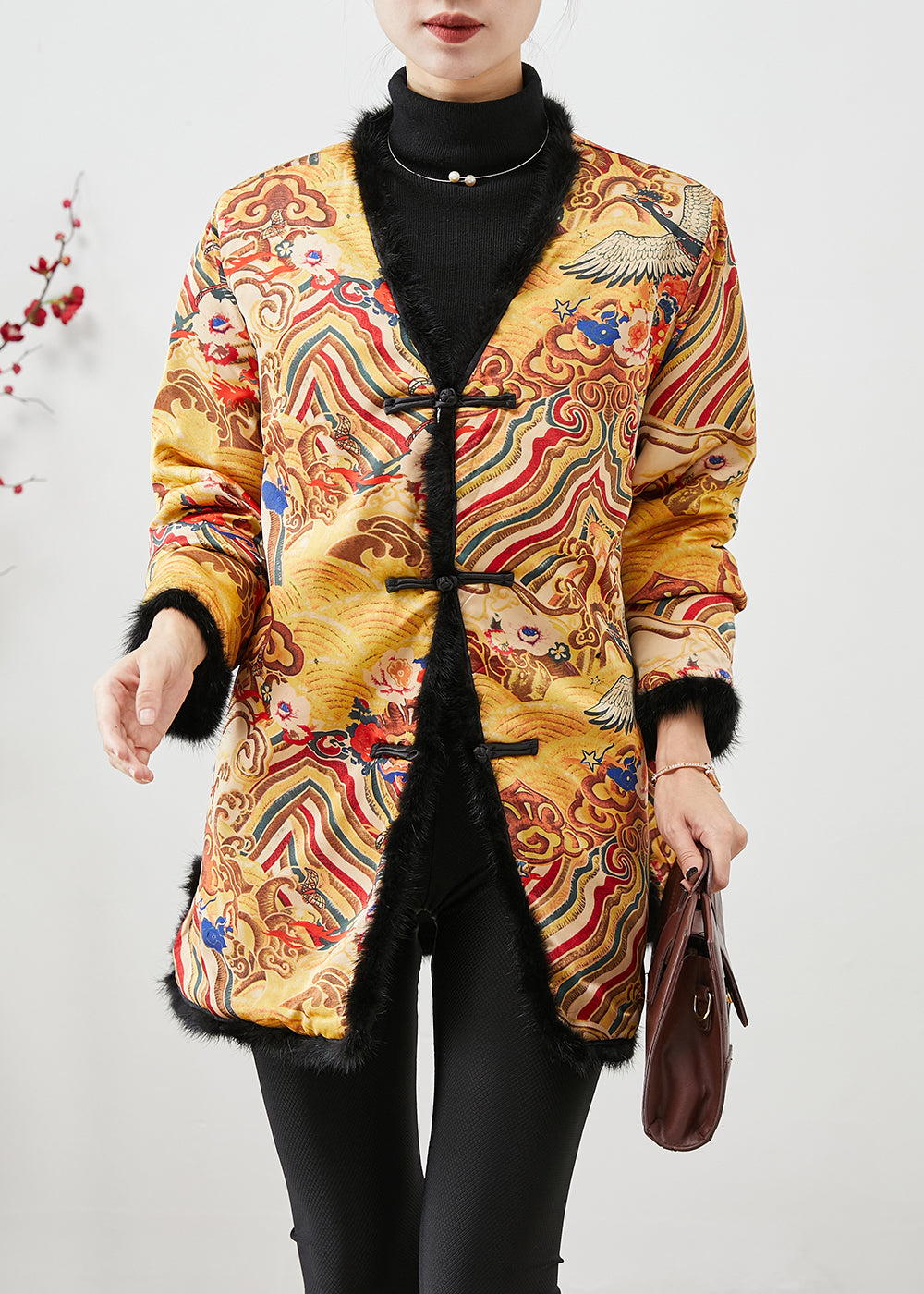 WW | Stil Gelb Druck Patchwork Mink Haar Feine Baumwollgefüllte Mäntel Winter