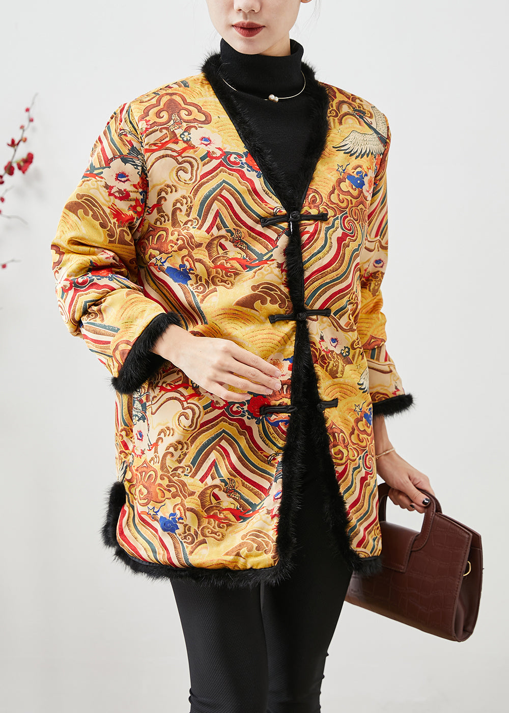WW | Stil Gelb Druck Patchwork Mink Haar Feine Baumwollgefüllte Mäntel Winter