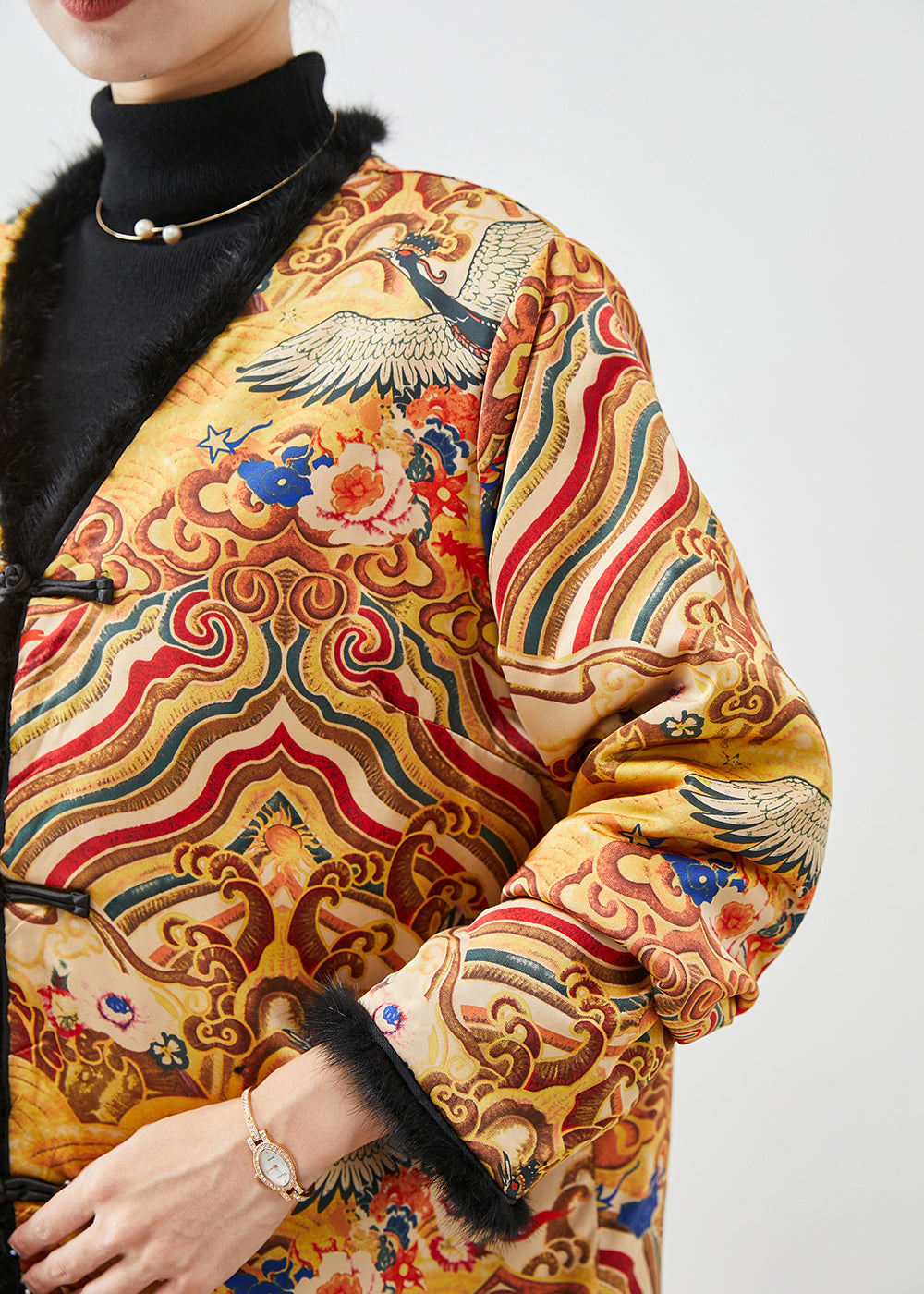 WW | Stil Gelb Druck Patchwork Mink Haar Feine Baumwollgefüllte Mäntel Winter
