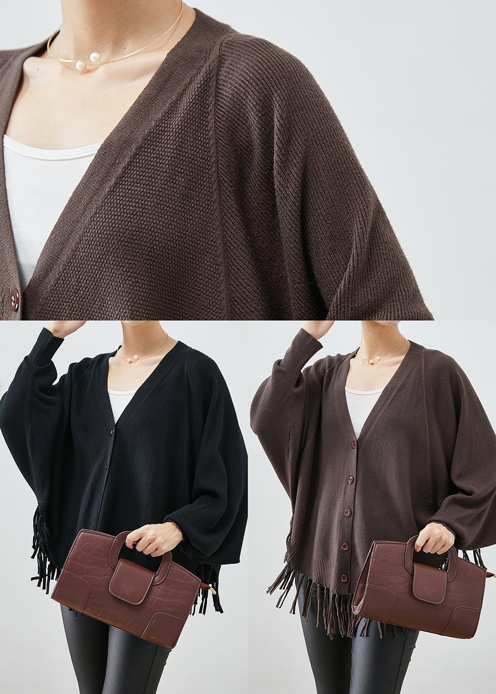 WW | Lockere Strickmäntel V Ausschnitt mit Quasten
