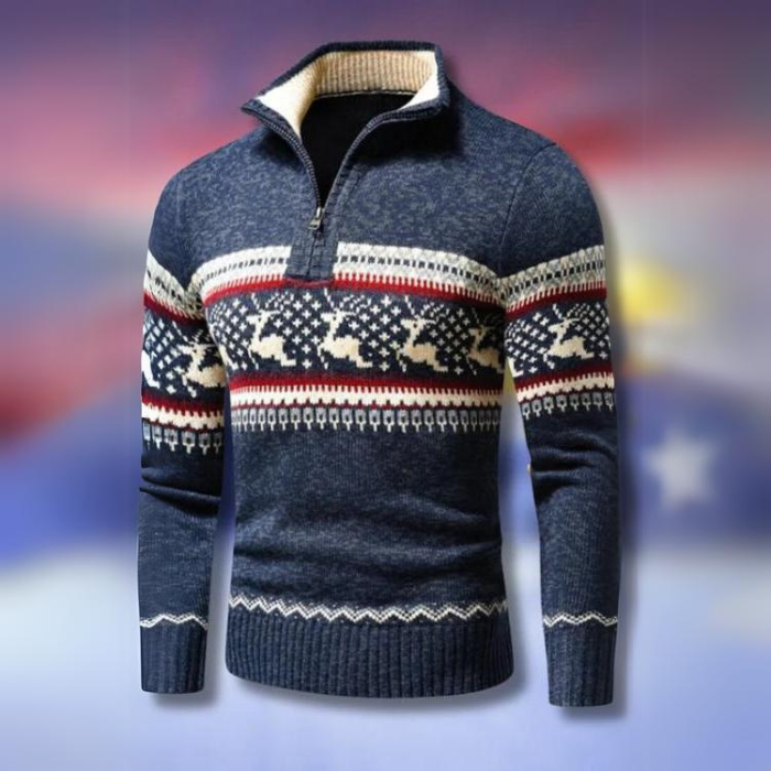 WW | Men's Winter Pullover - warm knitted sweater with half-zip & Scandinavian reindeer pattern