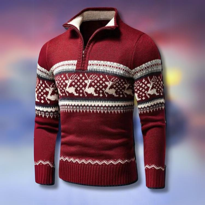 WW | Men's Winter Pullover - warm knitted sweater with half-zip & Scandinavian reindeer pattern