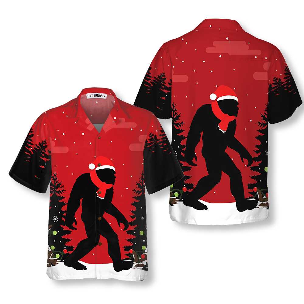 WW | Weihnachts-Bigfoot Im Wald Hawaiian Shirt, Lustiges Weihnachts-Bigfoot-Shirt Für Männer