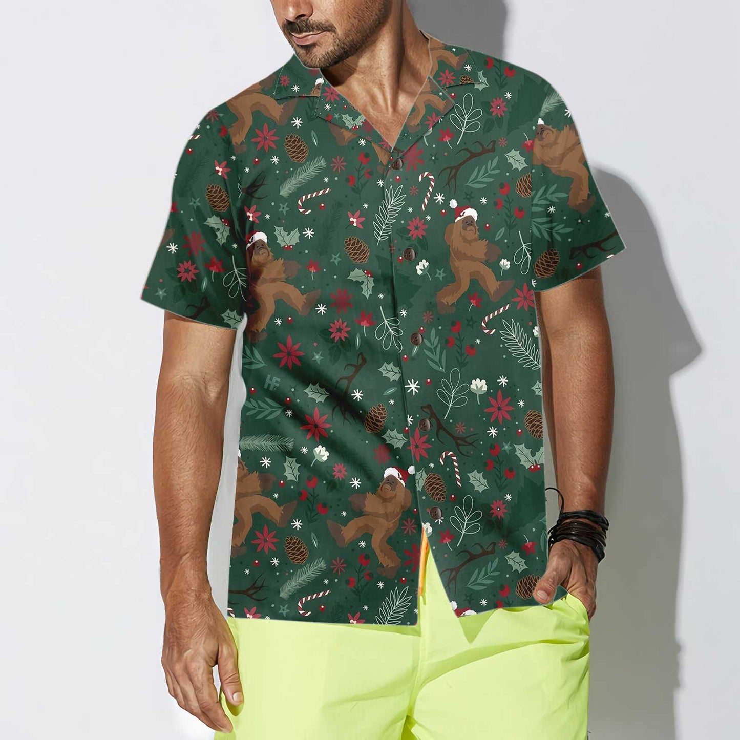 WW | Weihnachts-Bigfoot-Muster Hawaiian Shirt, Lustiges Bigfoot-Weihnachtshemd für Männer