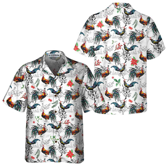 WW | Christmas Chicken with Poinsettia Hawaiian Shirt, Tropical Christmas Shirt for Men