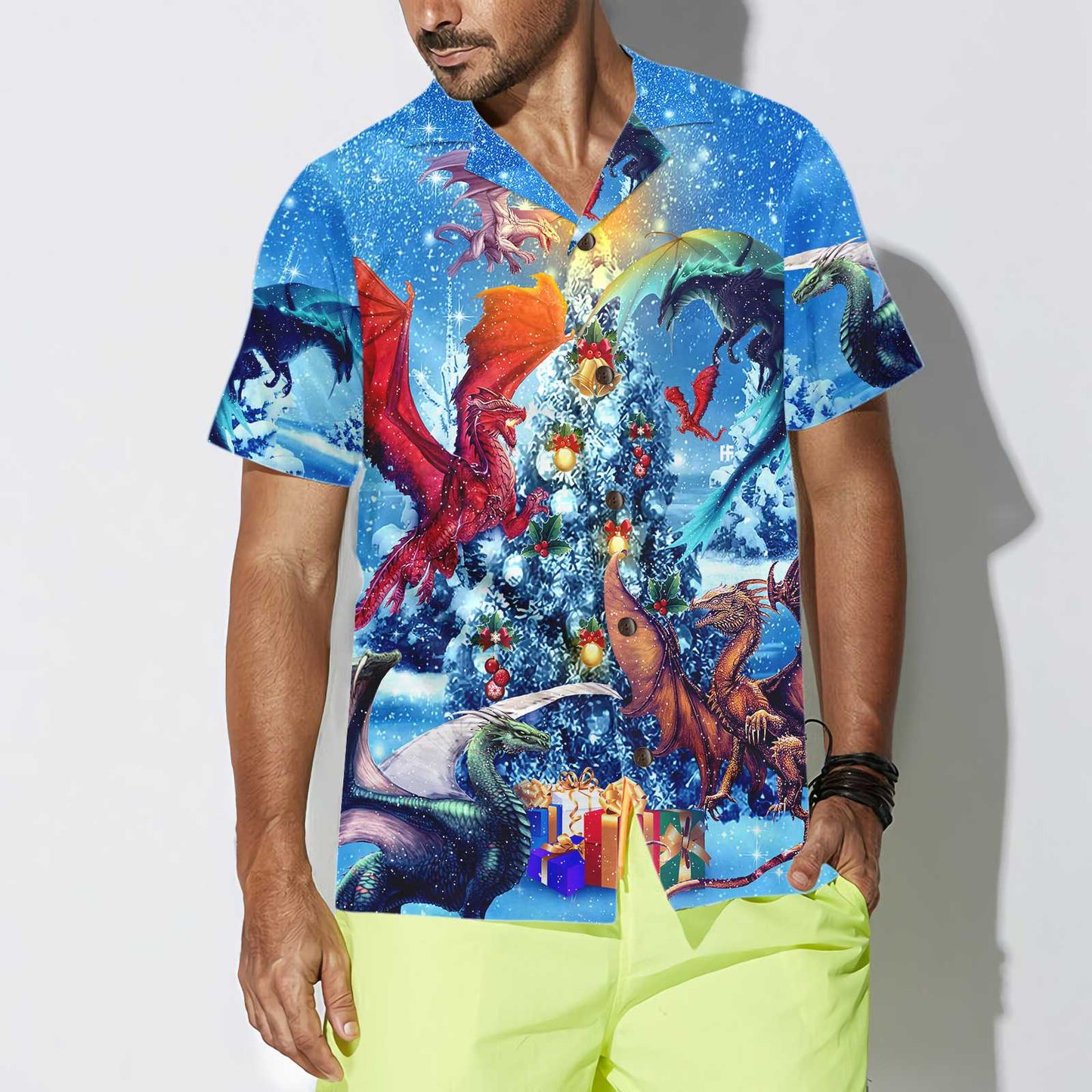 WW | Christmas Dragons Reunion Weihnachts-Hawaiianshirt, Festliches Drachen-Hawaiianshirt für Herren