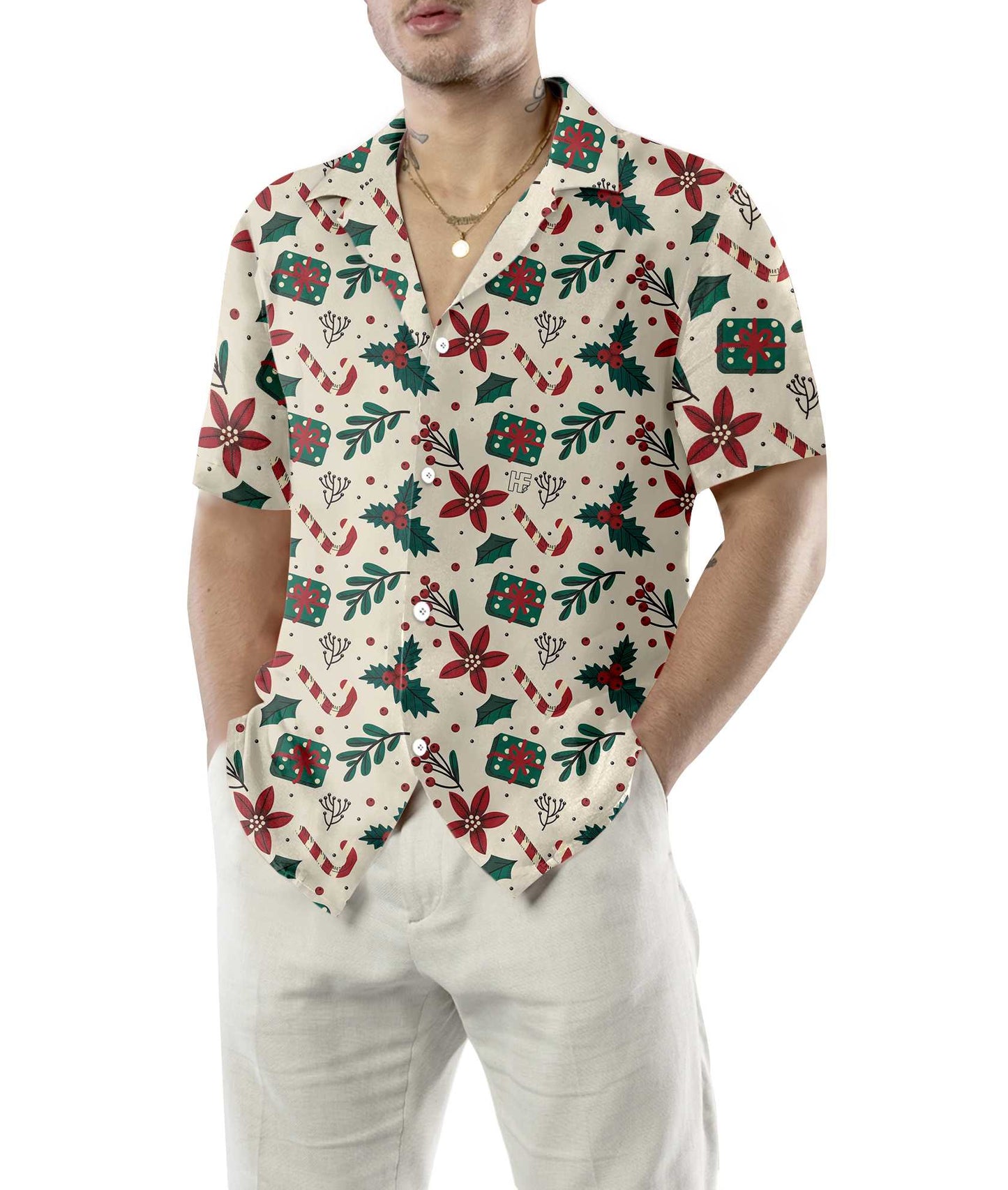 WW | Weihnachts Elemente nahtloses Muster Hawaiian Shirt, Vintage Weihnachts Shirt, einzigartiges Geschenk für Weihnachten