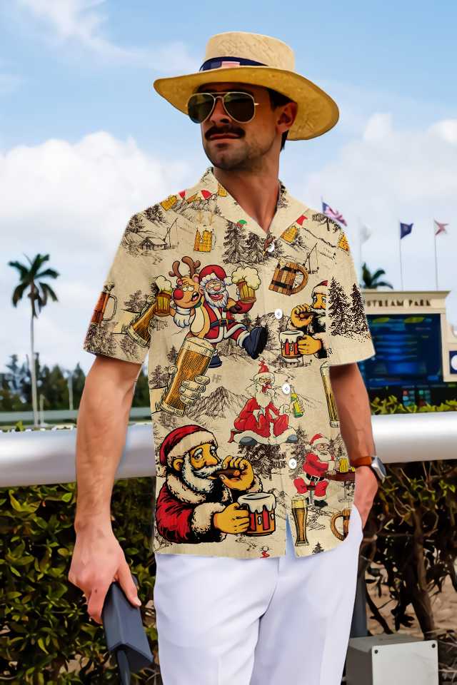 WW | Weihnachts Lustiger Betrunkener Weihnachtsmann Und Bier Hawaii-Shirt, Lustiges Weihnachtsmann Geschenk Für Männer