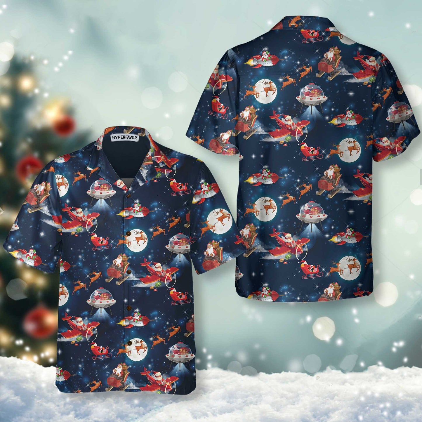 WW | Weihnachts-Hawaiianhemd im Weltraum mit Weihnachtsmann- und Rentier-Muster