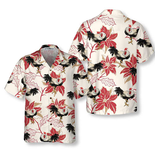 WW | Christmas Rooster and Poinsettia Hawaiian Shirt, Unique Chicken Shirt for Men and Women, Best Christmas Gift
