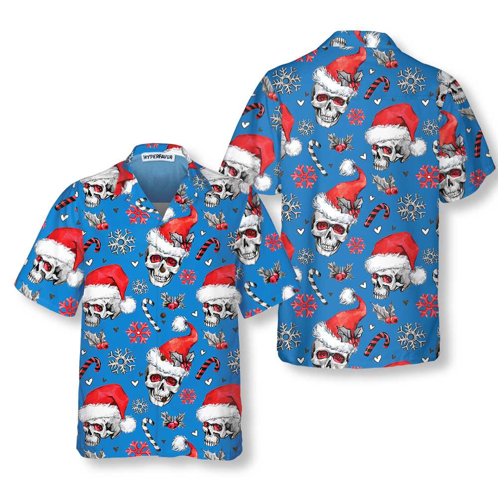 WW | Weihnachts-Schädel mit Zuckerstangen Blaue Version Weihnachts-Hawaiianhemd, Schädel Weihnachts-Hawaiianhemd für Männer
