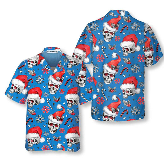 WW | Weihnachts-Schädel mit Zuckerstangen Blaue Version Weihnachts-Hawaiianhemd, Schädel Weihnachts-Hawaiianhemd für Männer
