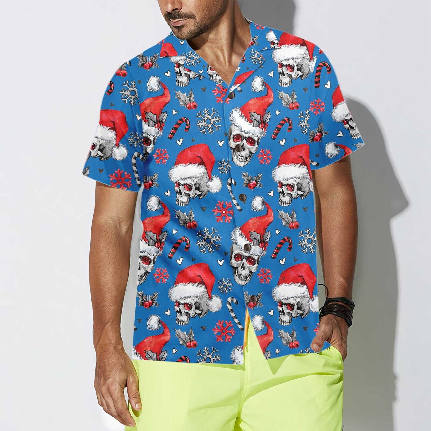 WW | Weihnachts-Schädel mit Zuckerstangen Blaue Version Weihnachts-Hawaiianhemd, Schädel Weihnachts-Hawaiianhemd für Männer