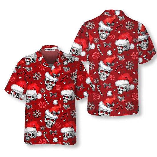WW | Weihnachts-Schädel mit Zuckerstangen Rote Version Weihnachts-Hawaiianhemd, Schädel Weihnachts-Hawaiianhemd für Männer