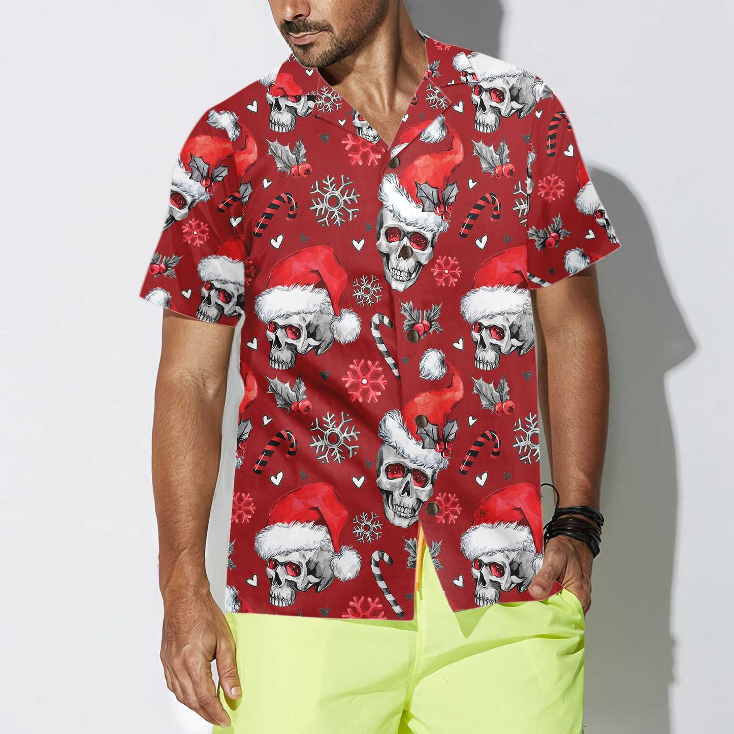 WW | Weihnachts-Schädel mit Zuckerstangen Rote Version Weihnachts-Hawaiianhemd, Schädel Weihnachts-Hawaiianhemd für Männer