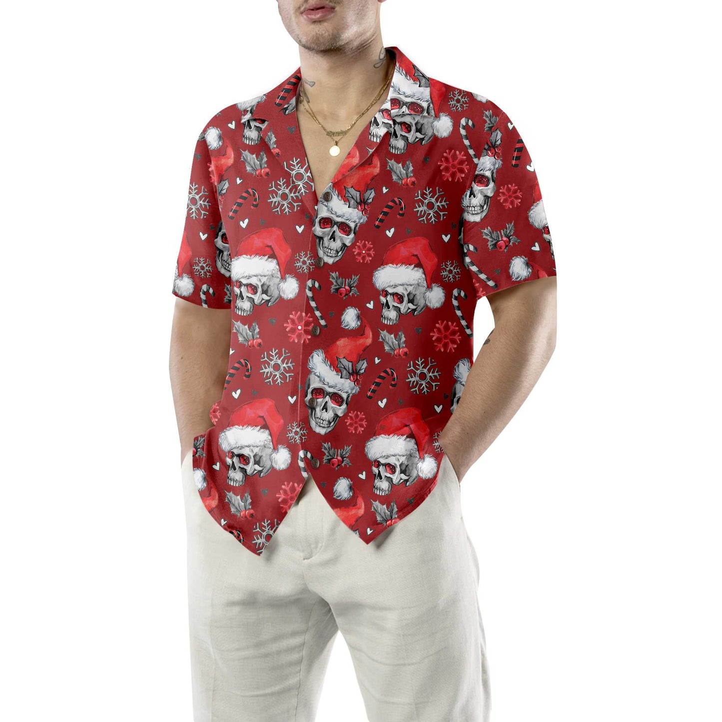 WW | Weihnachts-Schädel mit Zuckerstangen Rote Version Weihnachts-Hawaiianhemd, Schädel Weihnachts-Hawaiianhemd für Männer