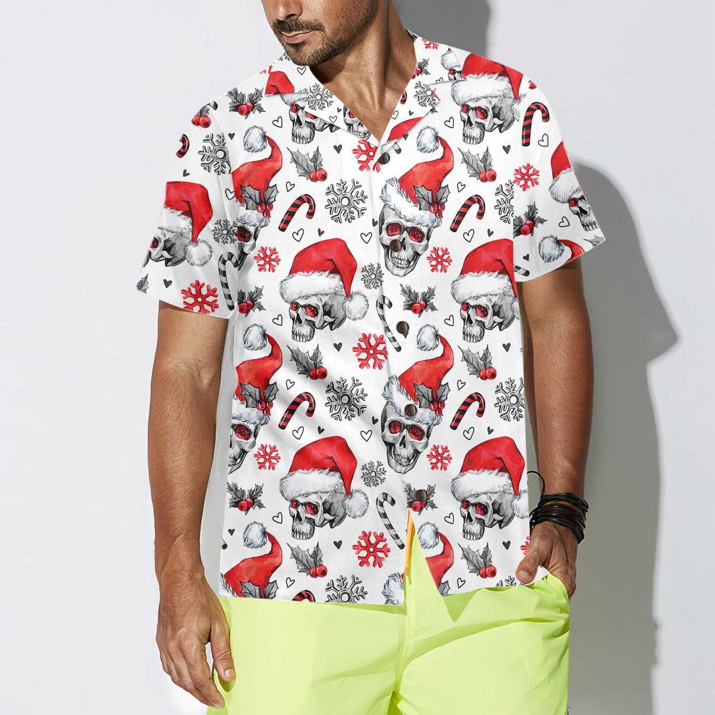 WW | Christmas Skull with Candy Canes White Version Christmas Hawaiian Shirt, Skull Christmas Hawaiian Shirt for Men