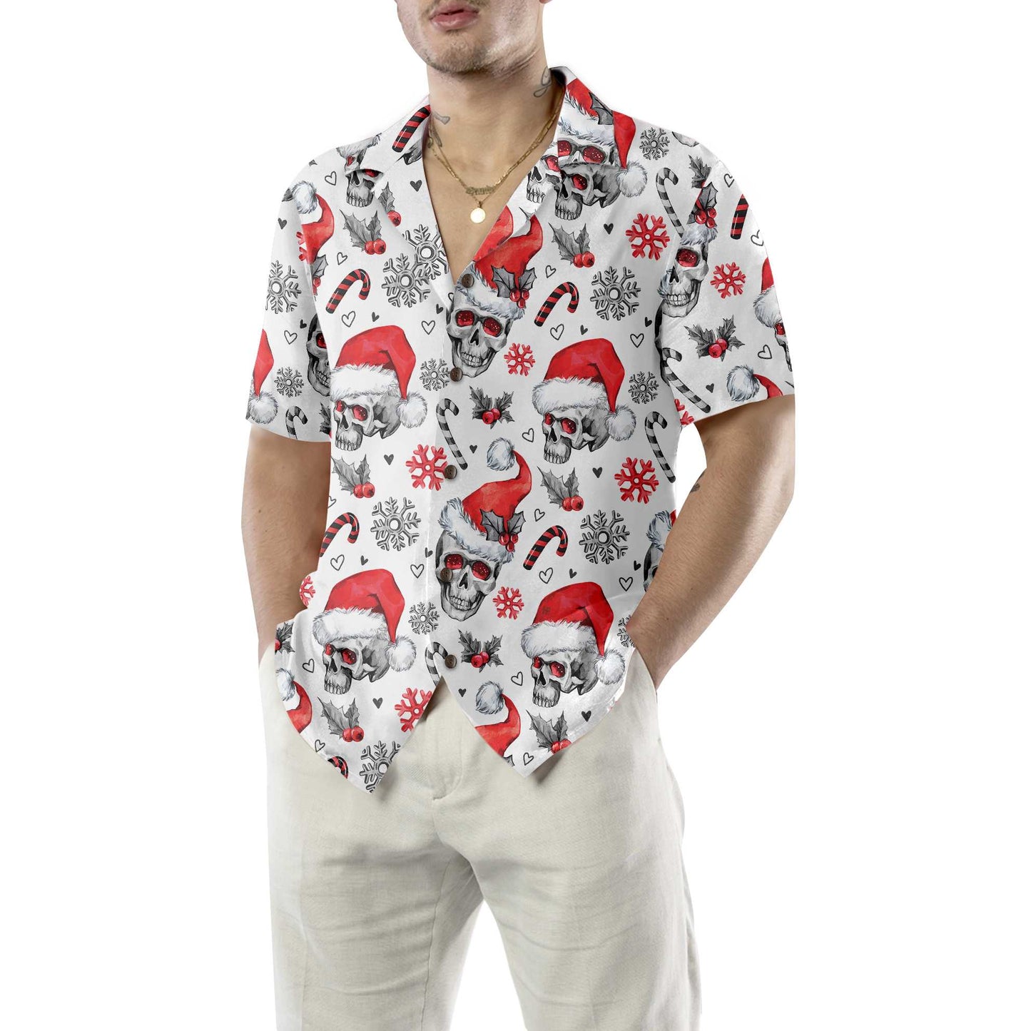 WW | Christmas Skull with Candy Canes White Version Christmas Hawaiian Shirt, Skull Christmas Hawaiian Shirt for Men