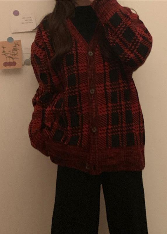 WW | rote karierte Strickmäntel Locker sitzende Winterstrick Sweat-Tops V-Ausschnitt