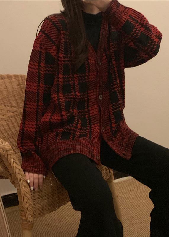 WW | rote karierte Strickmäntel Locker sitzende Winterstrick Sweat-Tops V-Ausschnitt