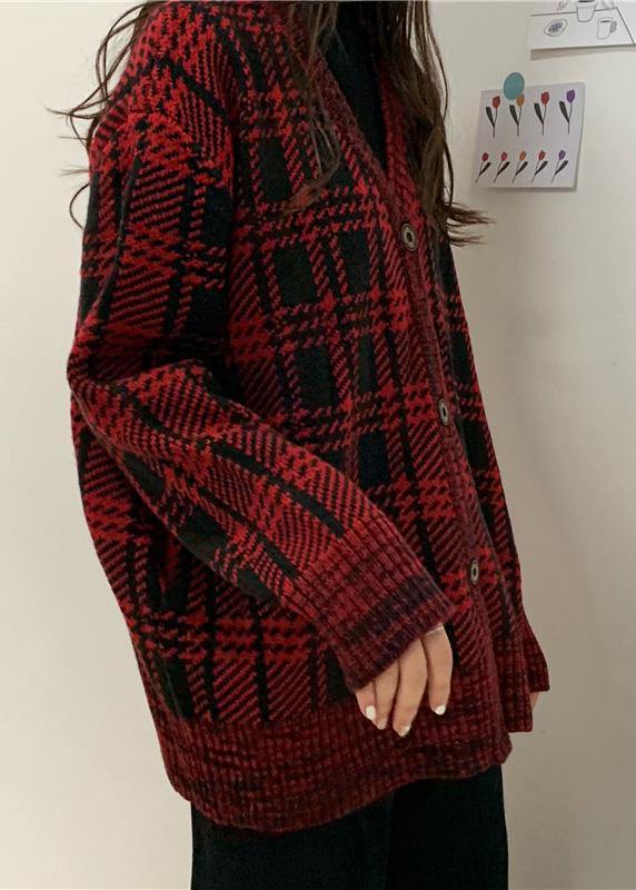 WW | rote karierte Strickmäntel Locker sitzende Winterstrick Sweat-Tops V-Ausschnitt