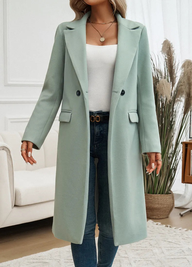 WW | Damen Eleganter Langer Trenchcoat mit Reverskragen und Einfachen Knöpfen