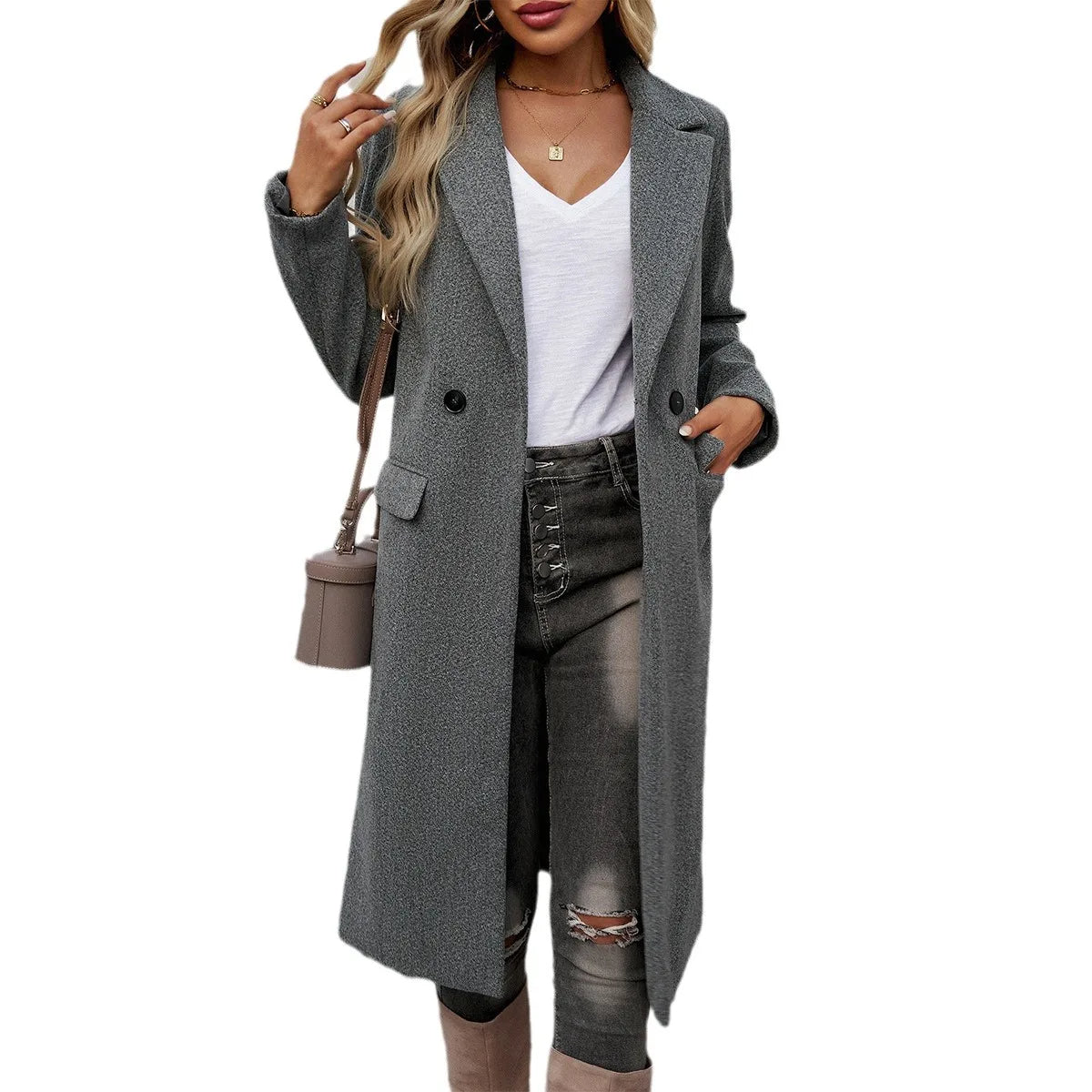 WW | Damen Eleganter Langer Trenchcoat mit Reverskragen und Einfachen Knöpfen