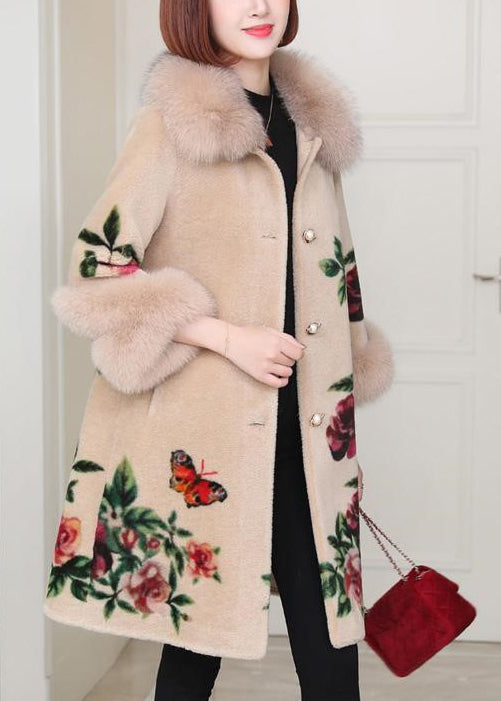 WW | Beige Peter Pan Collar Pocket Print Wool Coats Winter