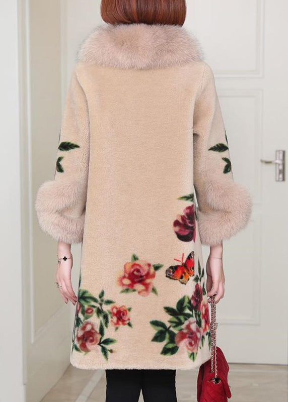 WW | Beige Peter Pan Collar Pocket Print Wool Coats Winter