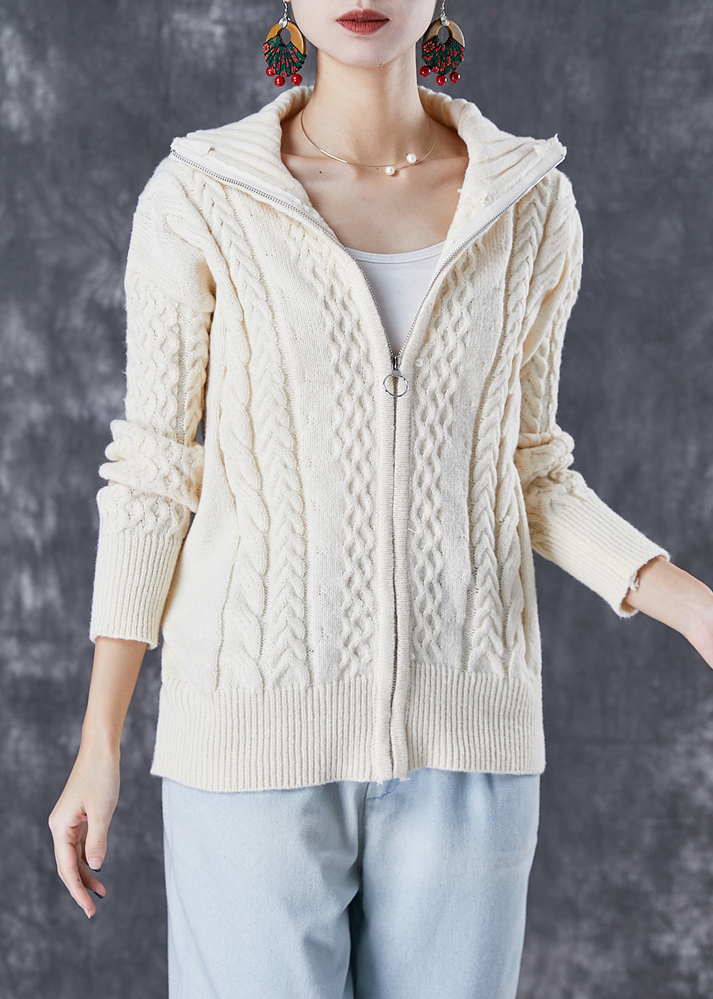 WW | Beige Zipper Thick Cable Knit Cardigan
