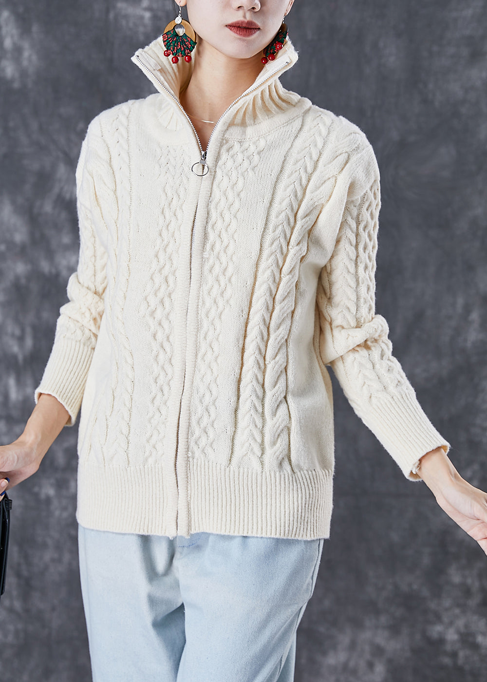 WW | Beige Zipper Thick Cable Knit Cardigan