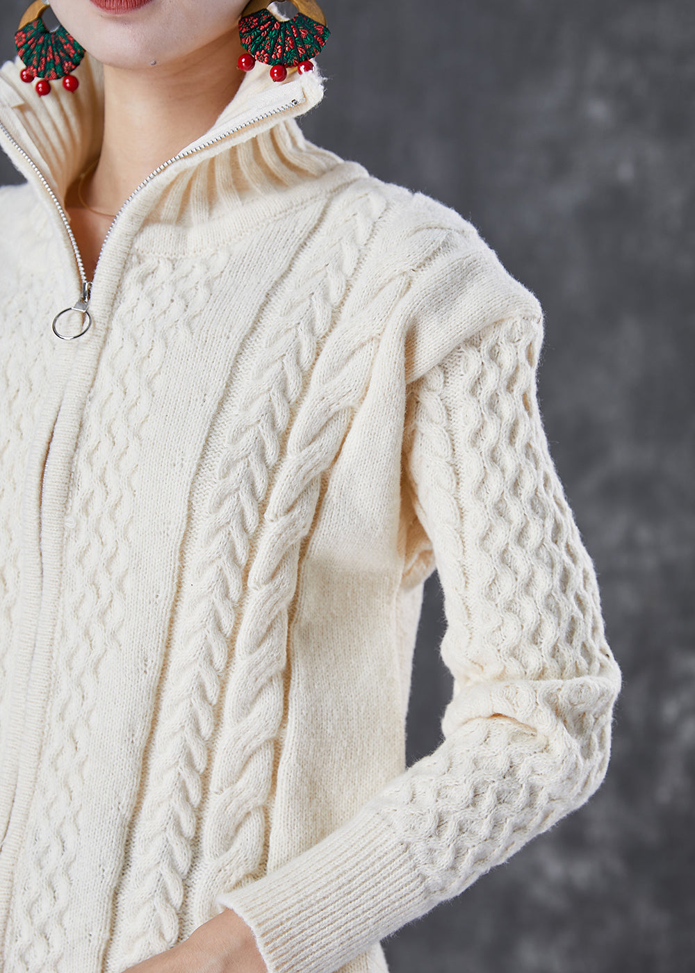 WW | Beige Zipper Thick Cable Knit Cardigan