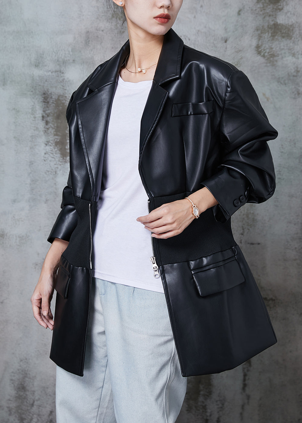 WW | Black Elastic Waist Patchwork Faux Leather Coats