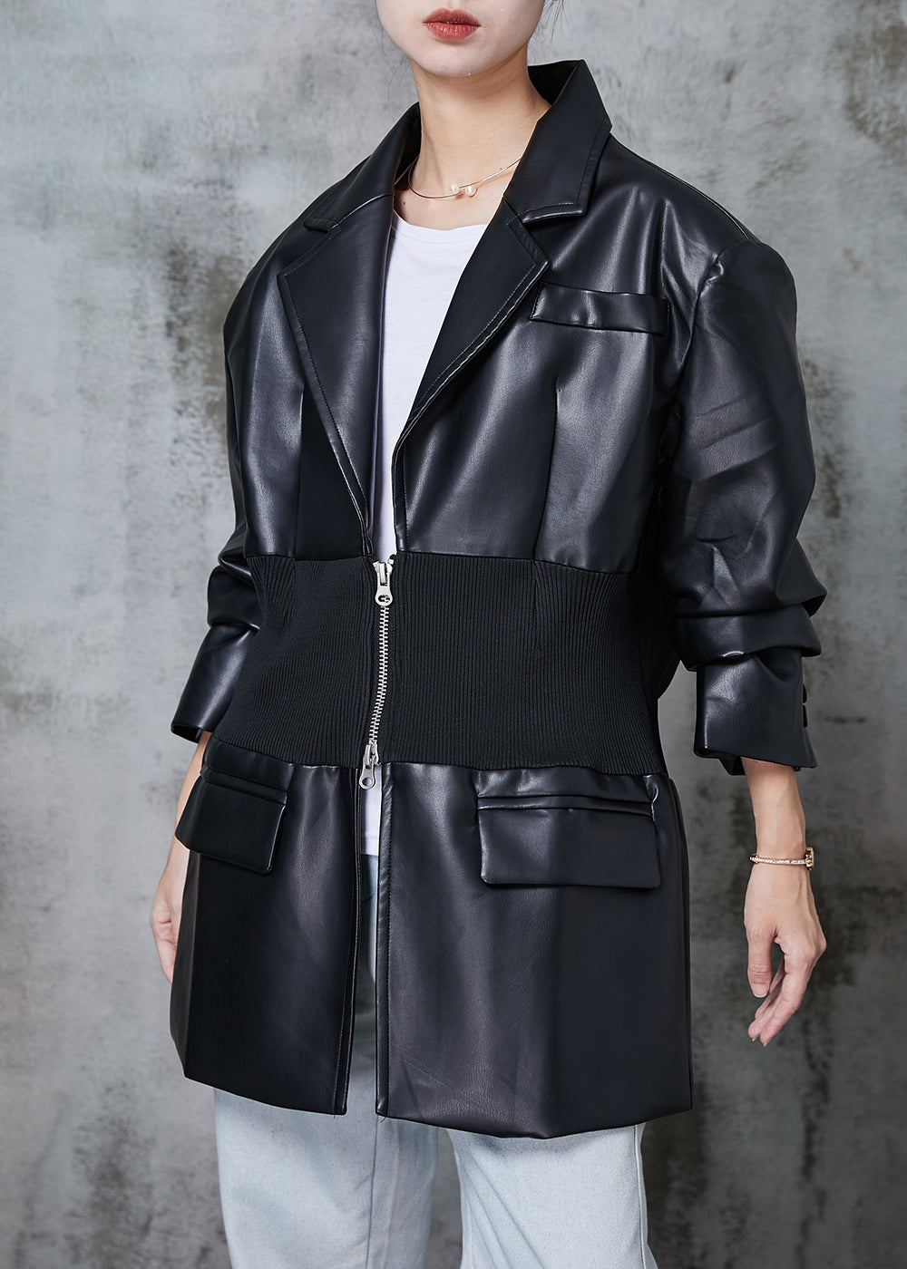 WW | Black Elastic Waist Patchwork Faux Leather Coats